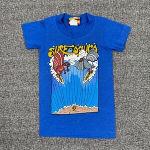 Vintage Surfosaurs T-Shirt Kids Small 4 Blue Dinosaurs Cartoon Art Funny USA 80s